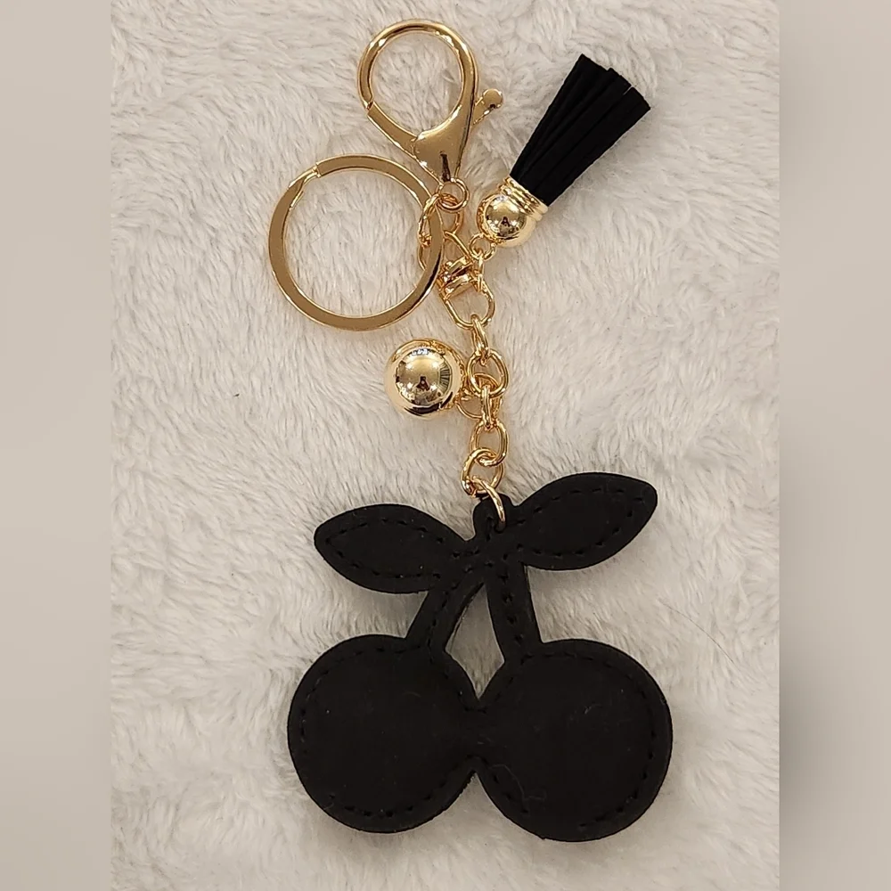 Black 8 Ball Cherries With Green Stem Keychain Bag Charm